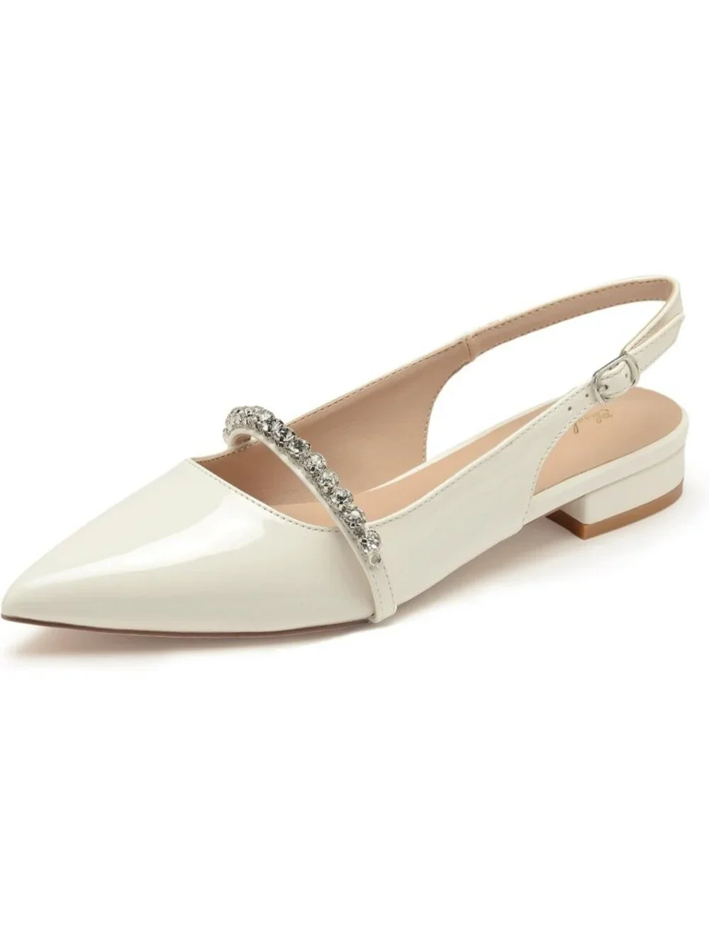Women's White Patent Leather Slingback Flats Rhinestone Closed Pointed Toe Shoes